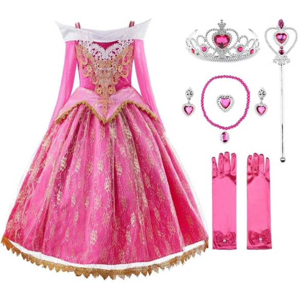 Kids Girls Pink Princess Costume Halloween Cosplay Party Set Dress w Accessories